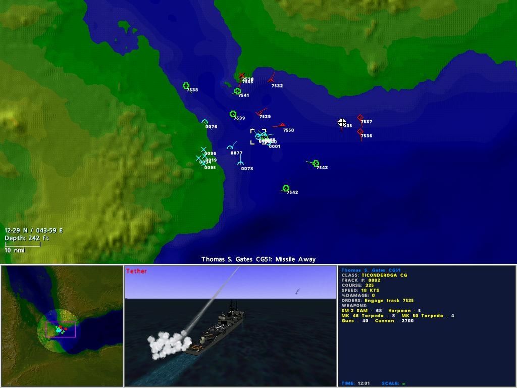 Jane's Combat Simulations: Fleet Command (Windows) screenshot: Libyan Navy patrol boats launch missiles against NATO aircraft