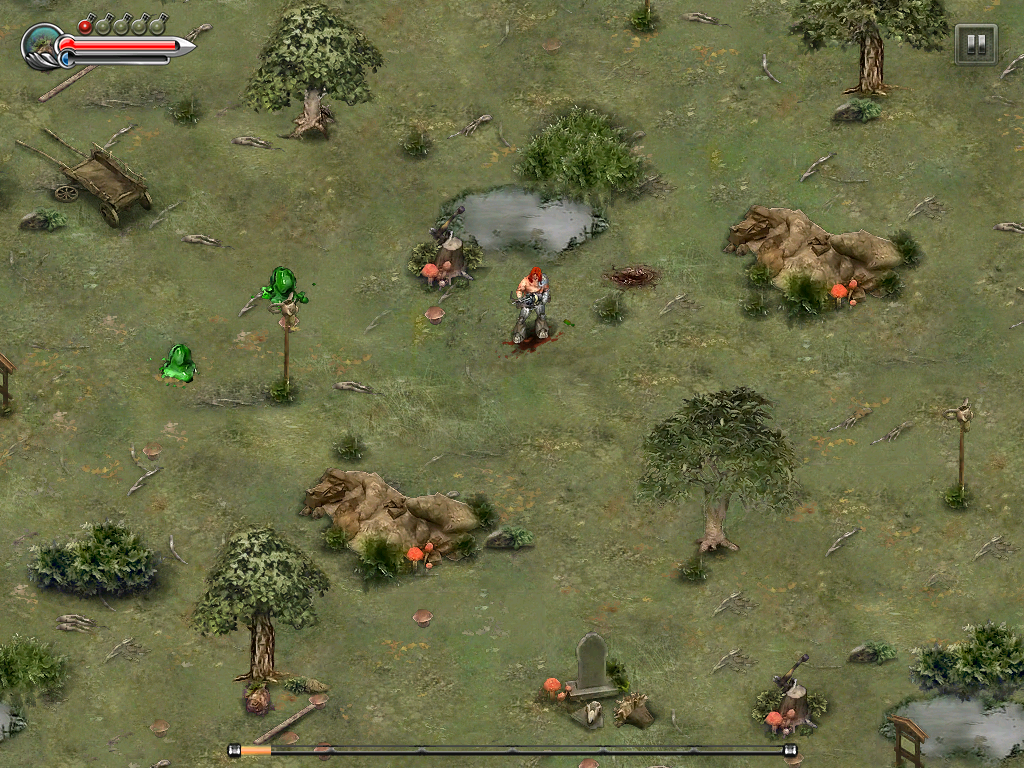 Braveheart (iPad) screenshot: Shooting at green slimy creatures with the crossbow