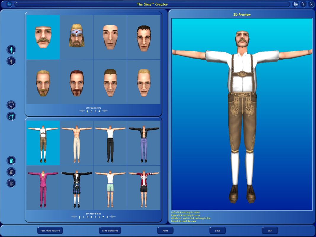 The Sims: Complete Collection (Windows) screenshot: The software does a lot of file pre-loading and then displays this, the main configuration screen. The top two buttons on the left swap between adult & child, the middle two between male & female