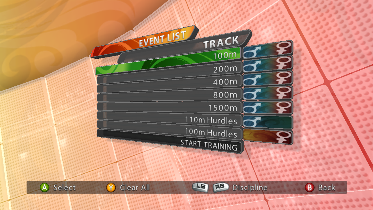 Beijing 2008 (Windows) screenshot: Selecting the 100m Track event.