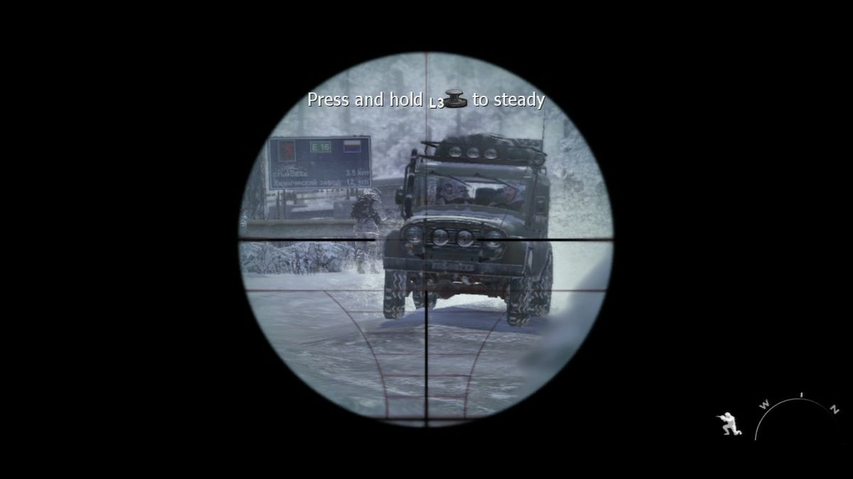 Call of Duty: Modern Warfare 2 (PlayStation 3) screenshot: A stealth mission... let the vehicles pass.