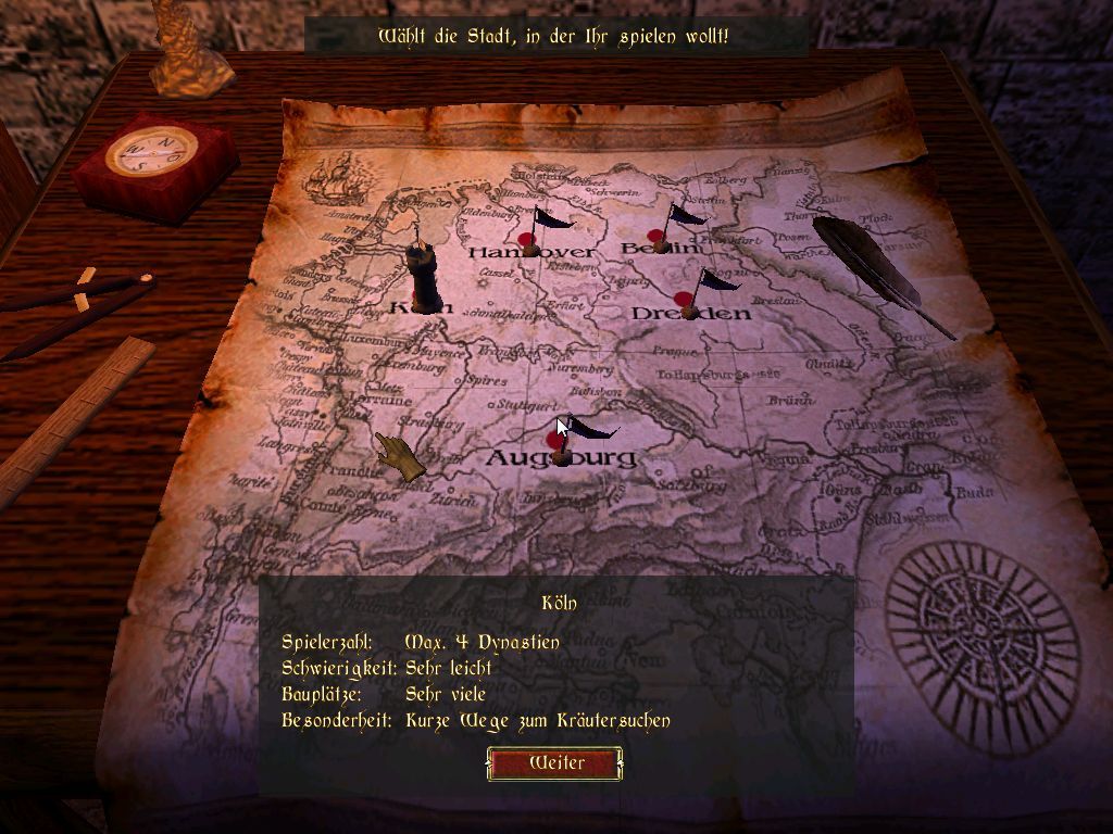 Europa 1400: The Guild (Windows) screenshot: City selection (the level selection)
