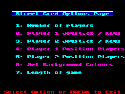 Street Cred Football (ZX Spectrum) screenshot: Options page