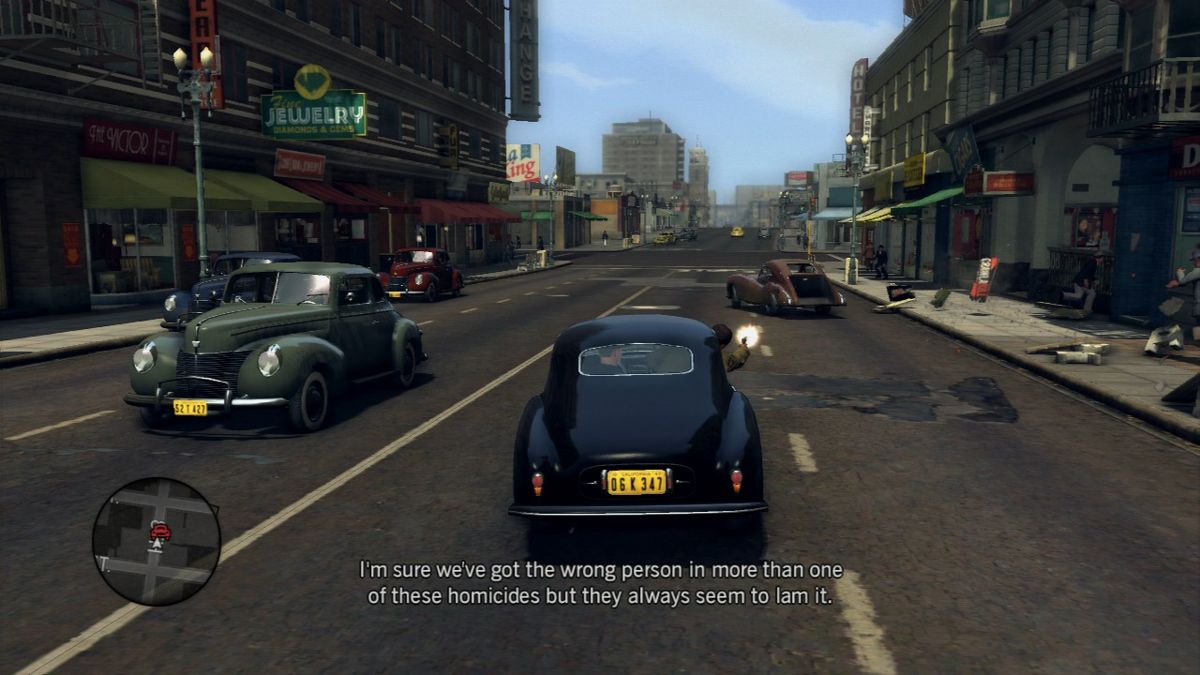 L.A. Noire (PlayStation 3) screenshot: During the car chase, your partner will try to shoot at the suspect car's tires if you're in good position.