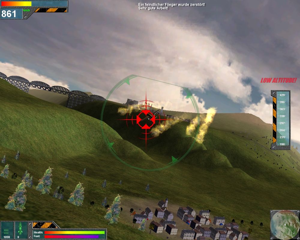 Red Clash '93 (Windows) screenshot: Shooting down an enemy plane over a little town