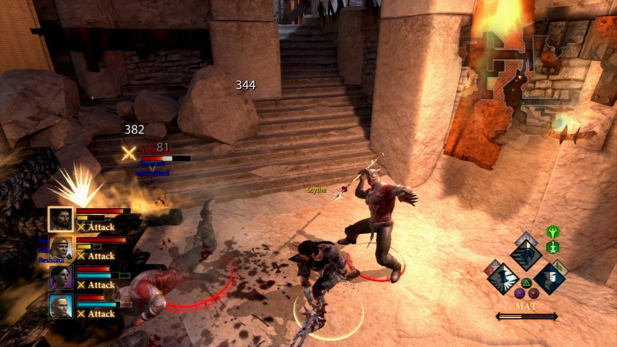 Dragon Age II (PlayStation 3) screenshot: Qunari may look tough but they fall down just as easy.