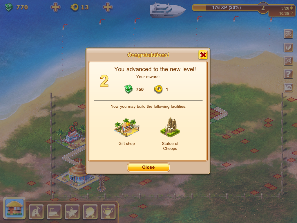 Paradise Island (iPad) screenshot: Oh wow, level up!..