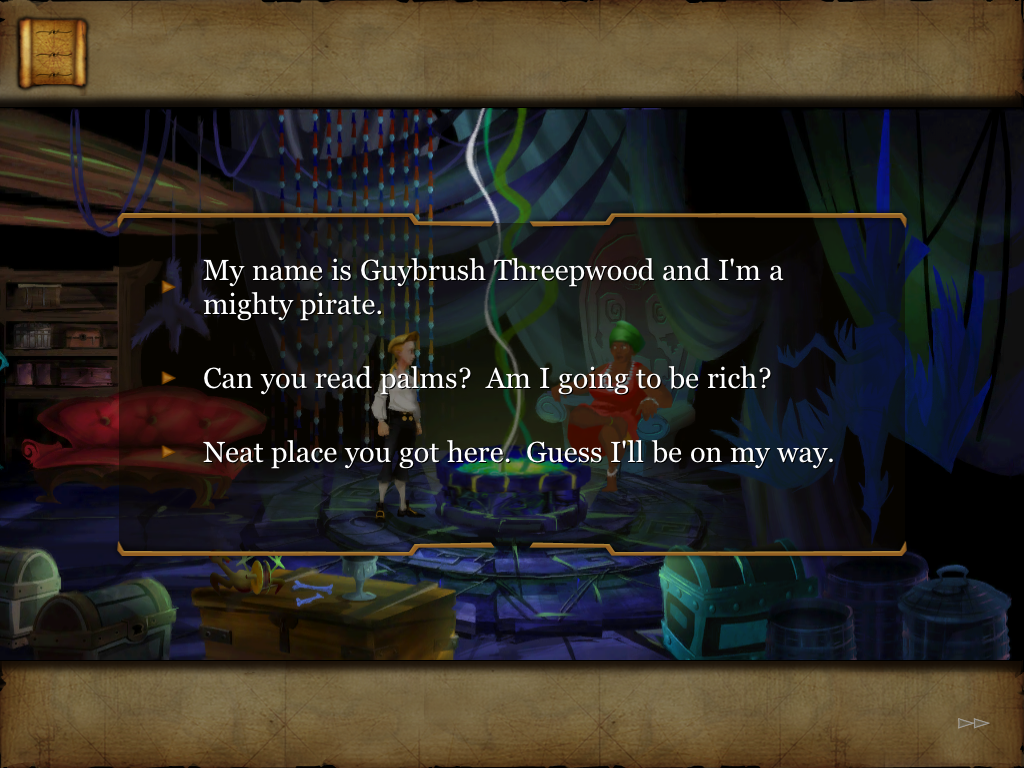 The Secret of Monkey Island: Special Edition (iPad) screenshot: Dialogue choices are now superimposed over the screen. Terrible design choice