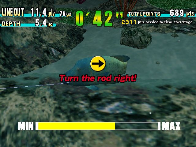 SEGA Marine Fishing (Dreamcast) screenshot: The fighting sequences with the fish involve pressing directions and reeling in with right timing
