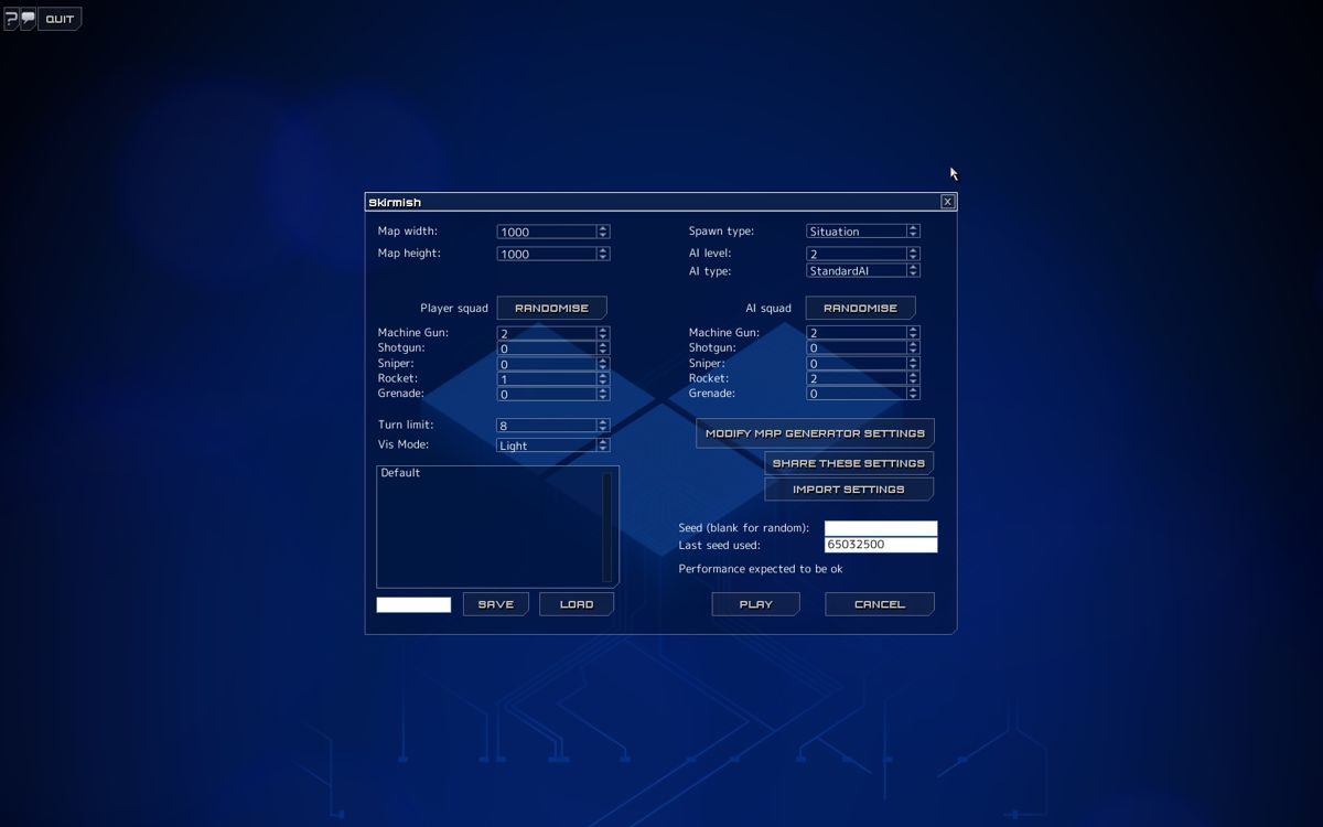 Frozen Synapse (Windows) screenshot: Defining the details of a custom skirmish game.