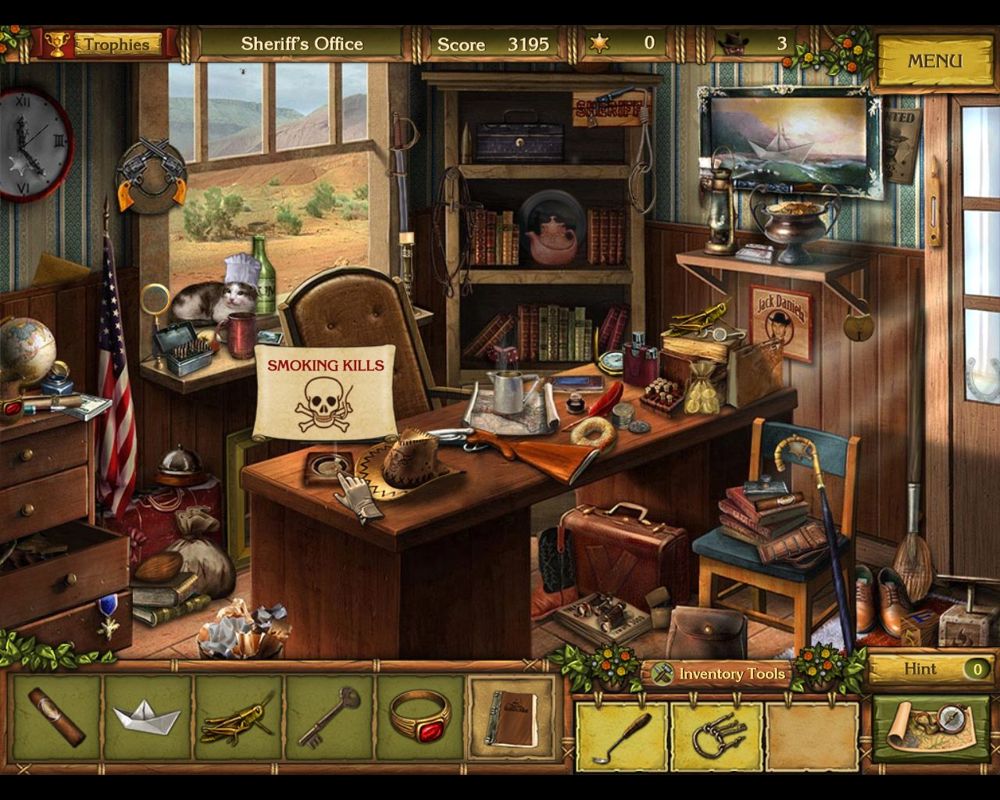 Golden Trails: The New Western Rush (Macintosh) screenshot: Sheriff's office - objects (smoking kills)