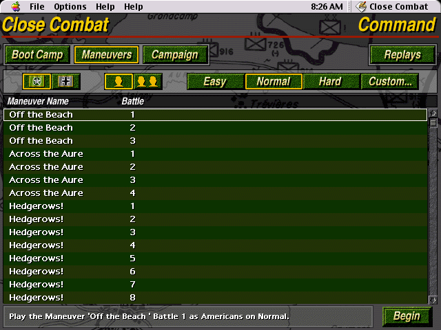 Close Combat (Macintosh) screenshot: Maneuvers and scenarios