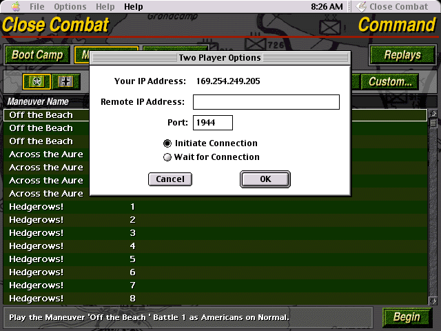 Close Combat (Macintosh) screenshot: Also supports multiplayer head to head