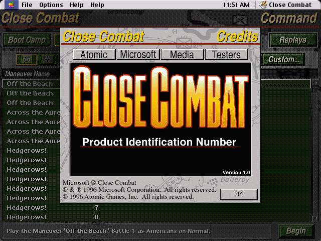 Close Combat (Macintosh) screenshot: Title/version