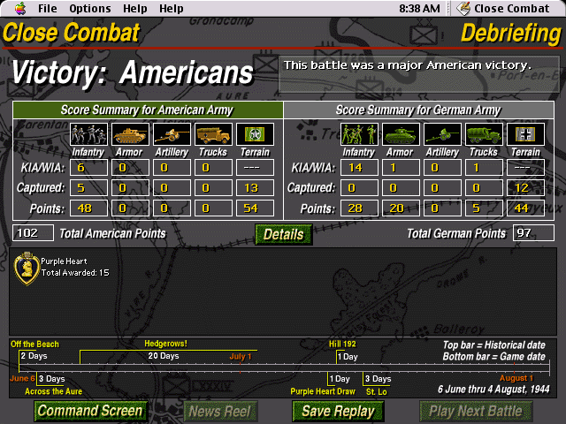 Close Combat (Macintosh) screenshot: Debriefing stats