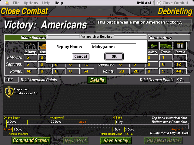 Close Combat (Macintosh) screenshot: Saving mission replay