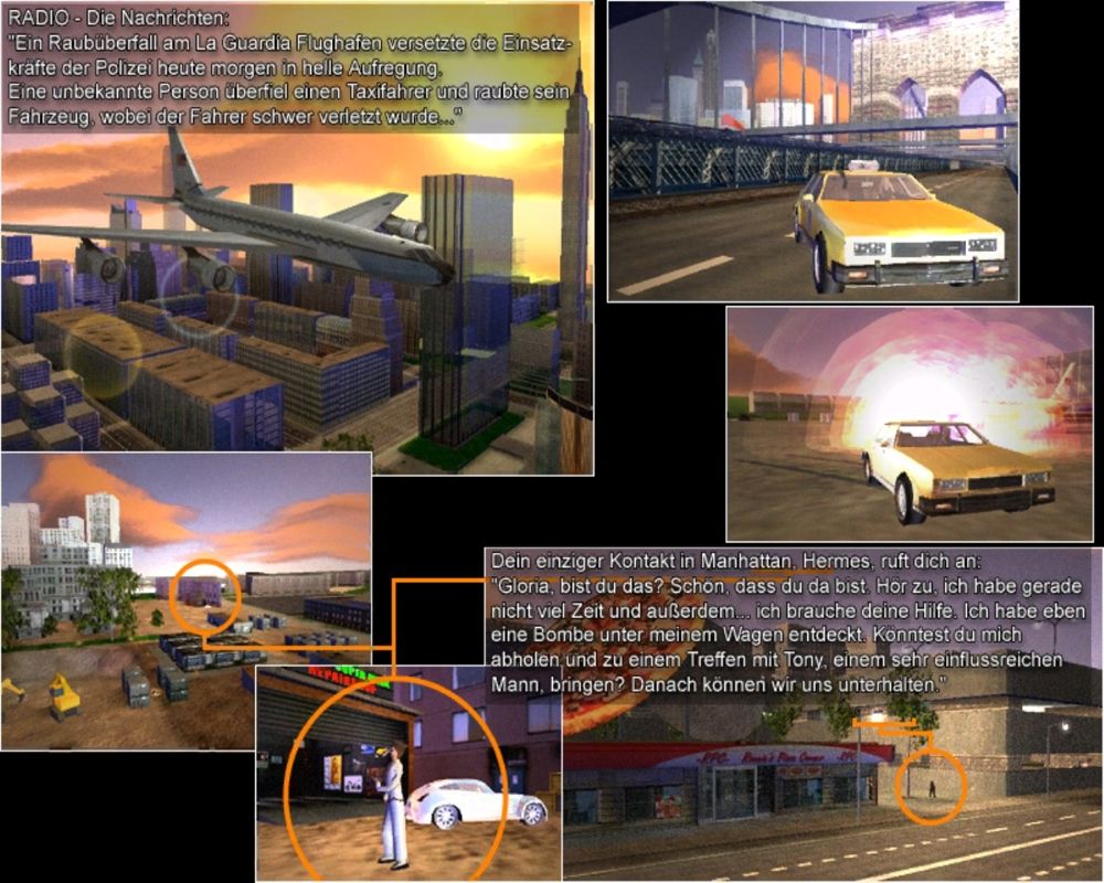 Crime Scene Manhattan: The Real Car-Shooter (Windows) screenshot: Every mission is preceded by a short story segment told in visual-novel style. (German version)