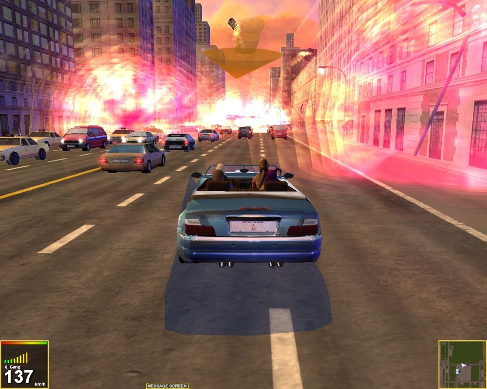 Crime Scene Manhattan: The Real Car-Shooter (Windows) screenshot: And all the cars go boom! Check out the one up in the sky.