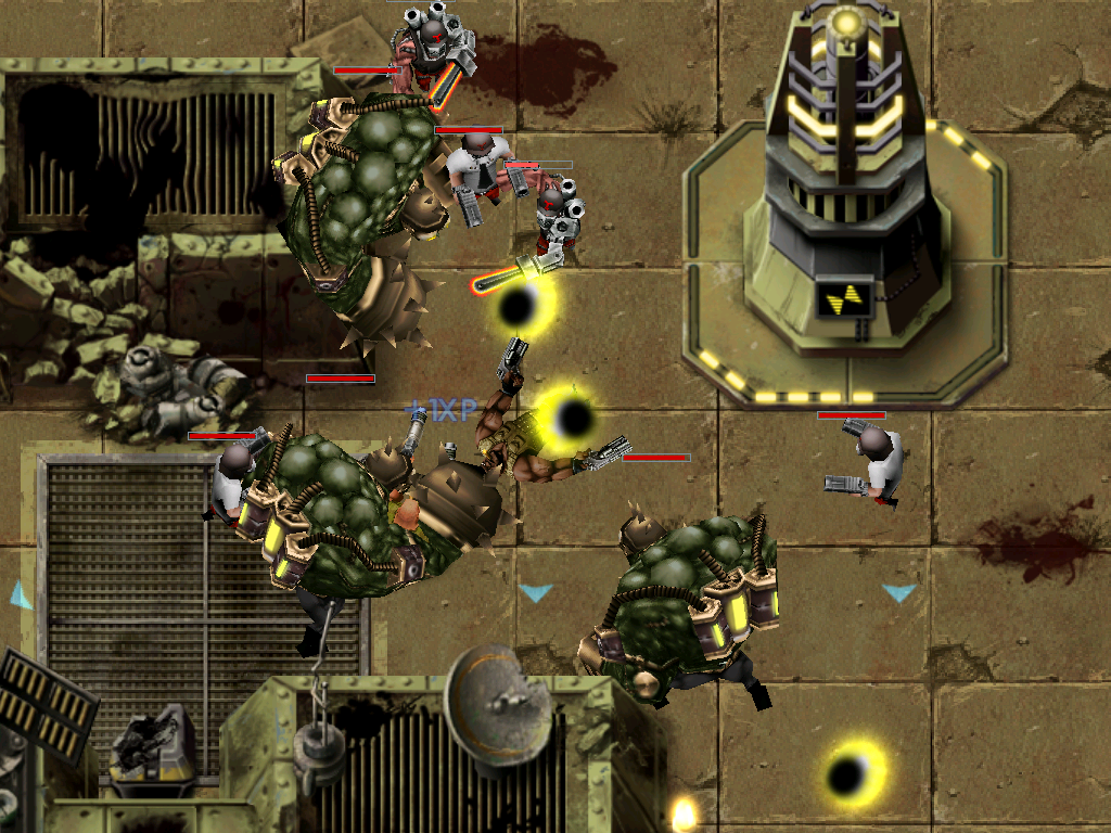Gun Bros (iPad) screenshot: A heated battle against TOOL minions