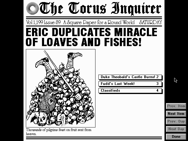 Eric the Unready (DOS) screenshot: The newspaper: your most faithful companion throughout the game!