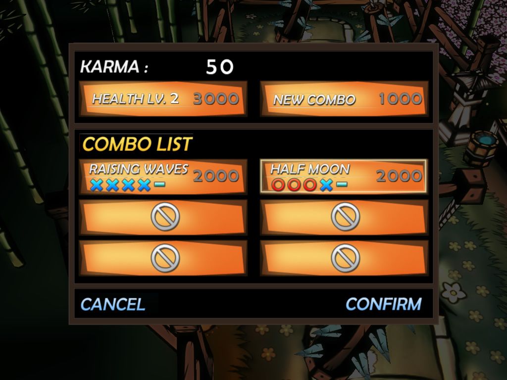 Samurai II: Vengeance (Windows) screenshot: The upgrade screen where you can exchange karma.