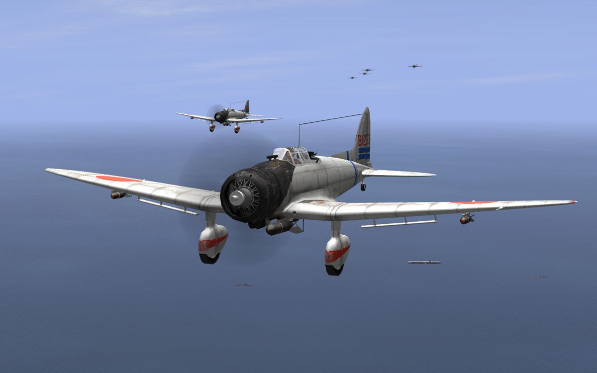 Pacific Fighters (Windows) screenshot: A group of Aichi D3A "Val" dive bombers goes in search of enemy ships.