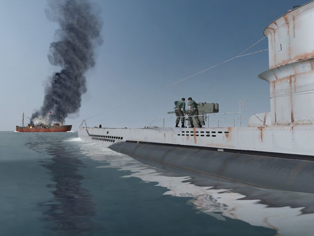 Silent Hunter III (Windows) screenshot: A U-boat finishes off a wounded British merchant ship with its deck gun.