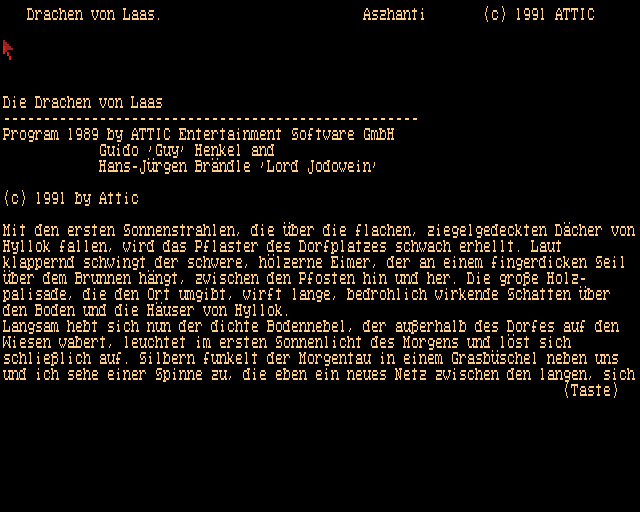 Drachen von Laas (Amiga) screenshot: Introductory text