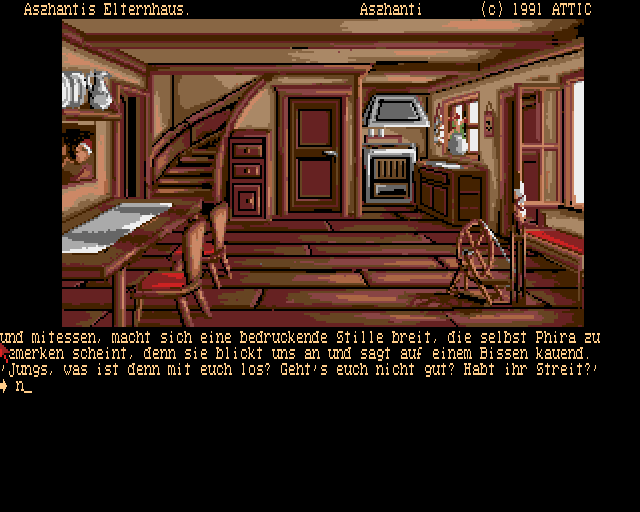 Drachen von Laas (Amiga) screenshot: At Aszhanti's parents' house
