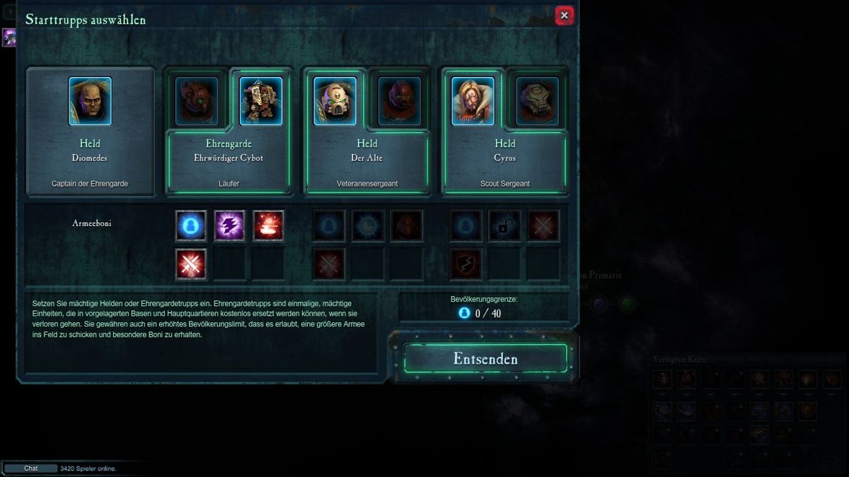 Warhammer 40,000: Dawn of War II - Retribution (Windows) screenshot: Start team selection - heroes or honor guard?