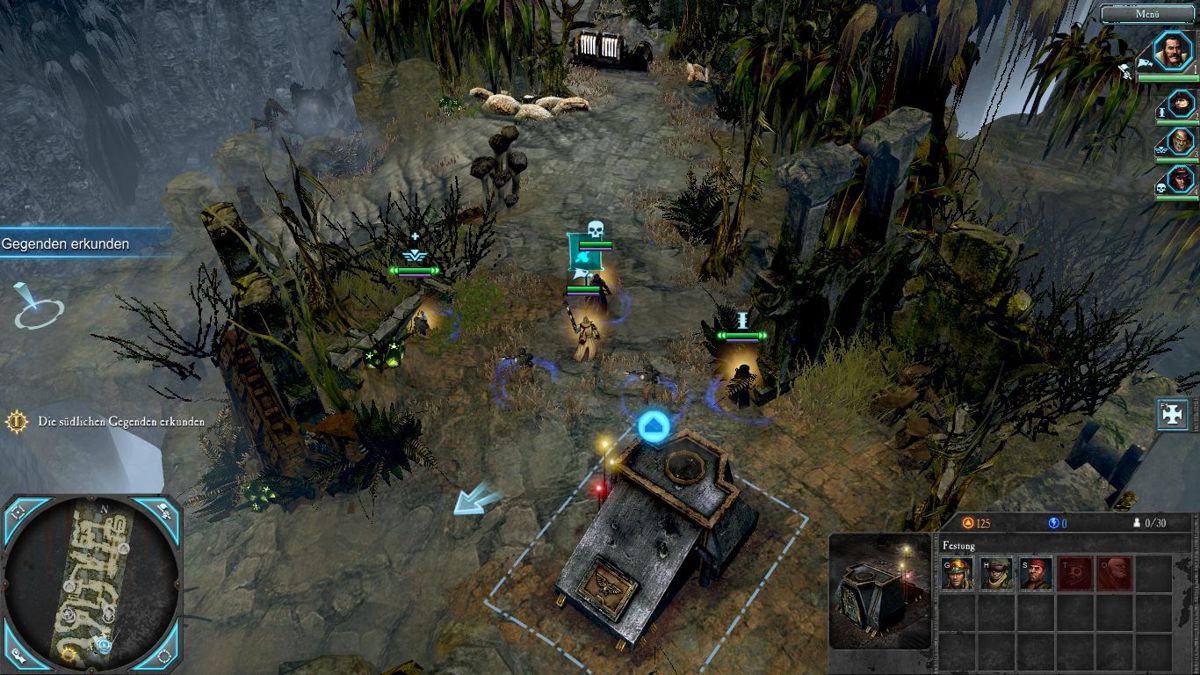 Warhammer 40,000: Dawn of War II - Retribution (Windows) screenshot: The start team as well as a garrison building.