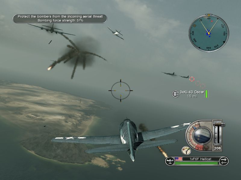 Battlestations: Pacific (Macintosh) screenshot: F6F Hellcats clear the last enemy planes as the bombers get ready to bomb Iwo Jima below