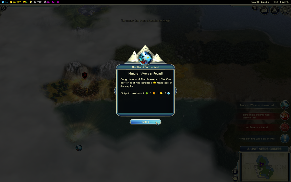 Sid Meier's Civilization V (Windows) screenshot: Discovering a natural wonder increases happiness in the empire.