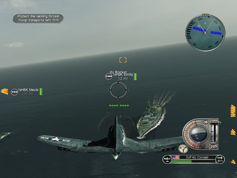 Battlestations: Pacific (Macintosh) screenshot: Flying F4U Corsair battleship CAP mission