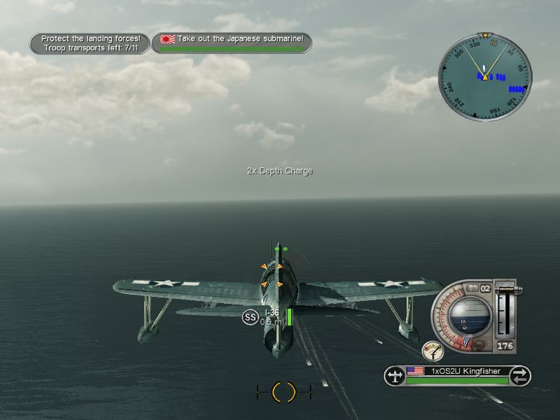 Battlestations: Pacific (Macintosh) screenshot: Kingfisher hunting enemy subs - torpedo launch trails below