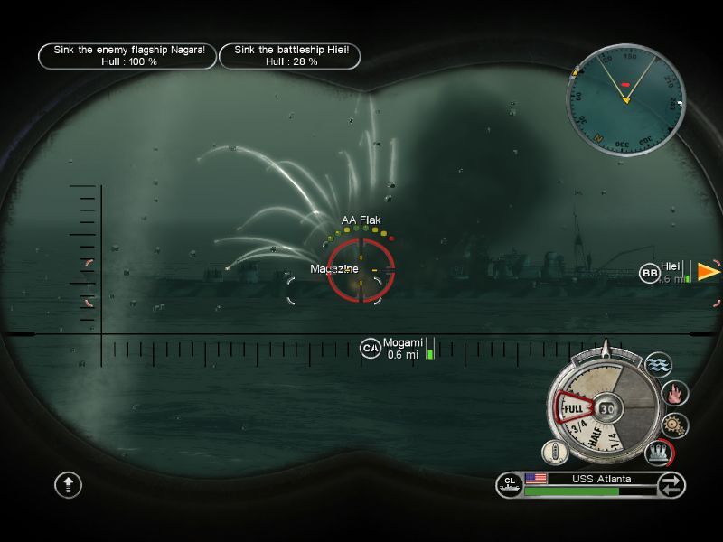 Battlestations: Pacific (Macintosh) screenshot: USS Atlanta hits the magazine of the IJN Mogami heavy cruiser