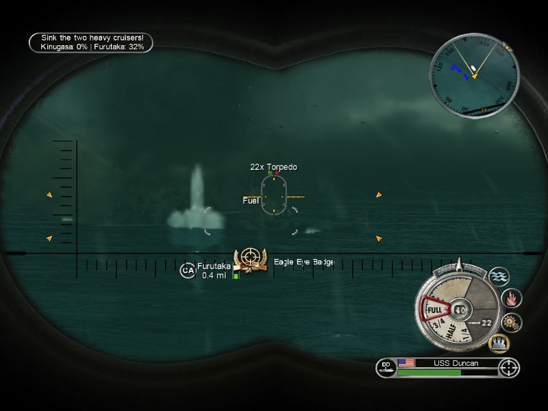 Battlestations: Pacific (Macintosh) screenshot: USS Duncan destroyer torpedo hits - bonus Eagle Eye Badge