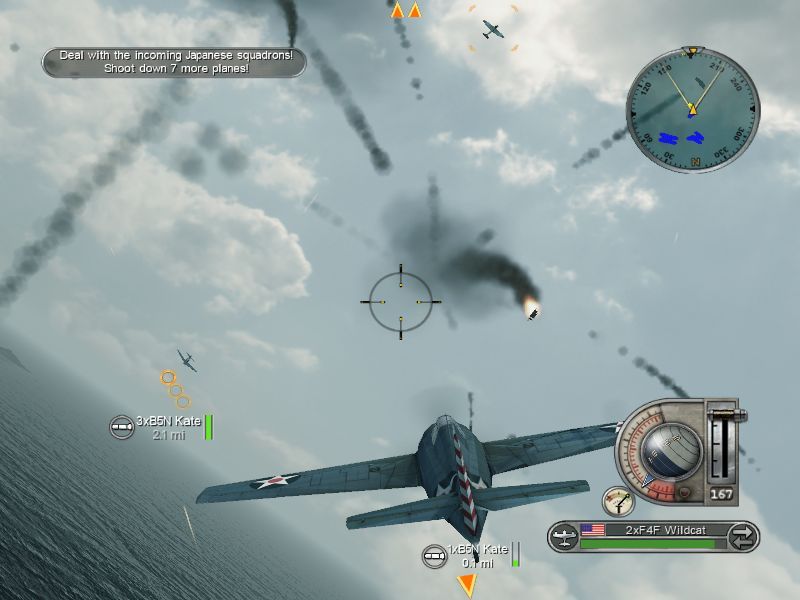 Battlestations: Pacific (Macintosh) screenshot: Flying F4F Wildcat fighter destroyed inbound Kate