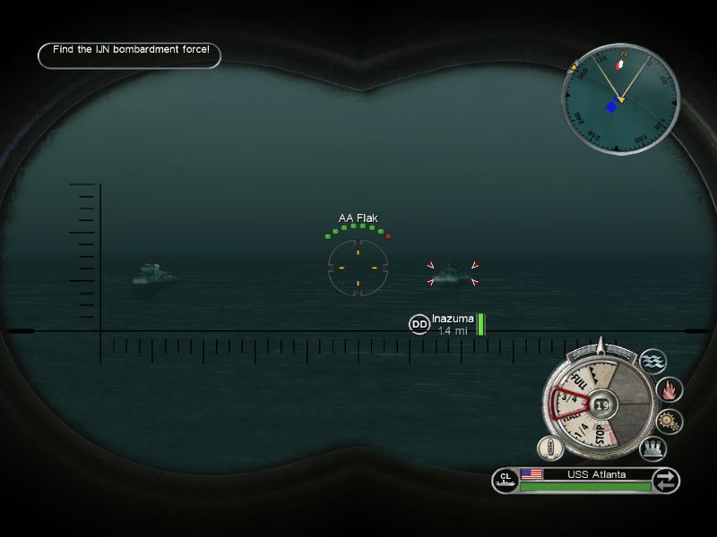 Battlestations: Pacific (Macintosh) screenshot: Binocular view - Light cruiser USS Atlanta spots the enemy first