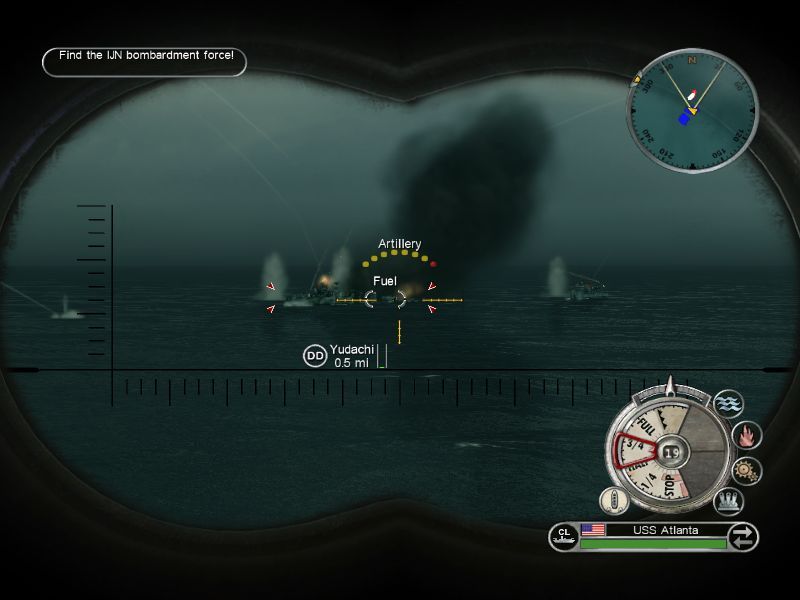 Battlestations: Pacific (Macintosh) screenshot: Light cruiser USS Atlanta opens up on Yudachi targeting fuel storage