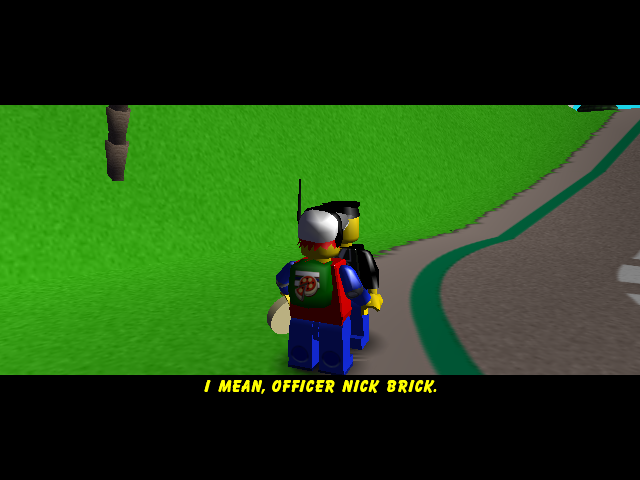 LEGO Island 2: The Brickster's Revenge (Windows) screenshot: Police officer Nick Brick is the first lucky recipient of one of Pepper's pizzas.