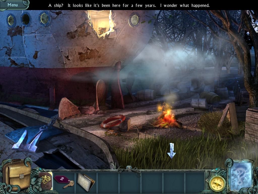 Twisted Lands: Shadow Town (iPad) screenshot: Stern of mystery ship and campfire