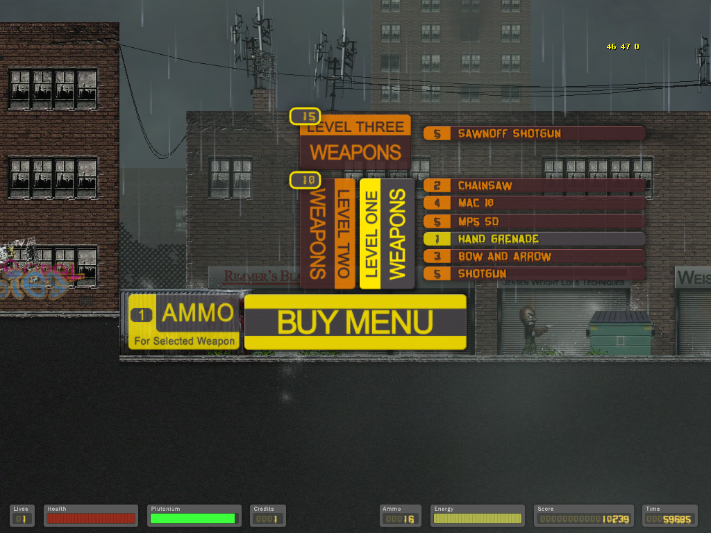 Facewound (Windows) screenshot: The weapons buying menu
