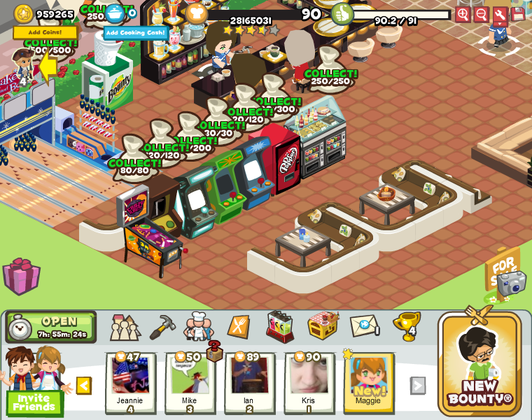 Restaurant City (Browser) screenshot: Full vending/arcade machines waited to be emptied