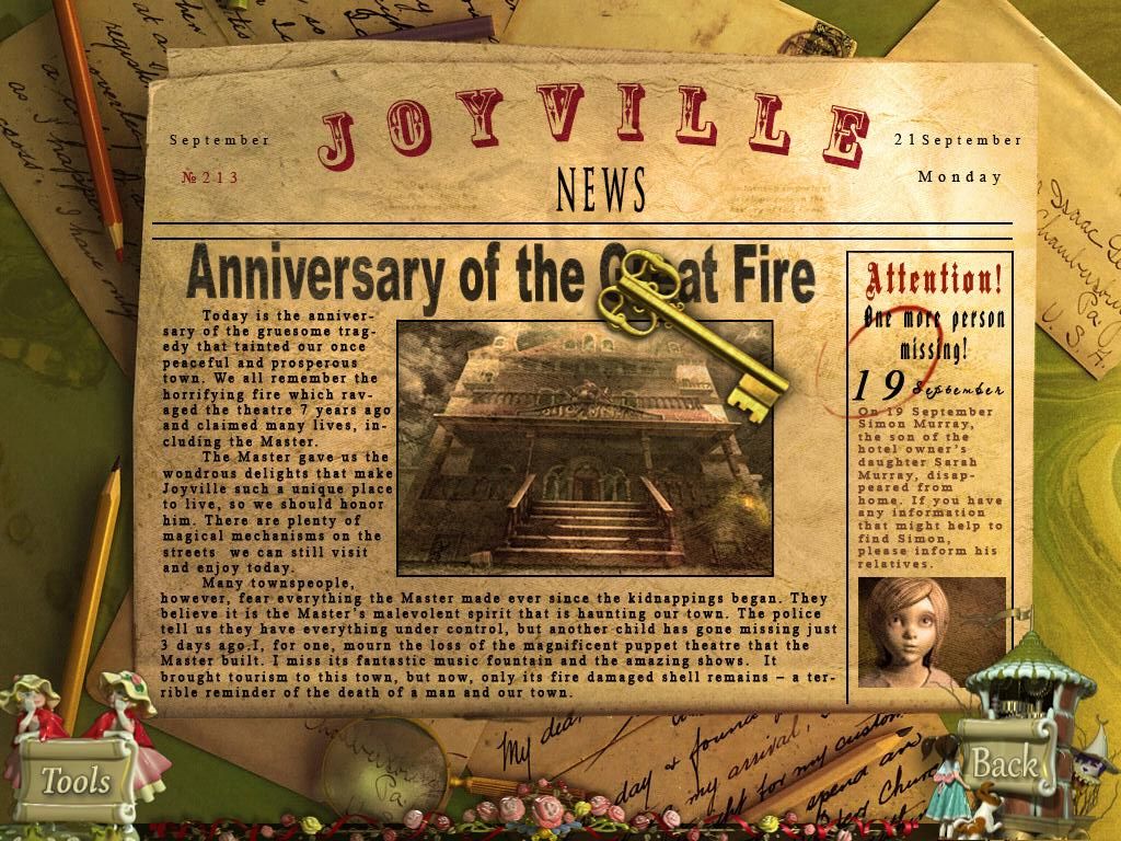PuppetShow: Mystery of Joyville (iPad) screenshot: Newspaper and key