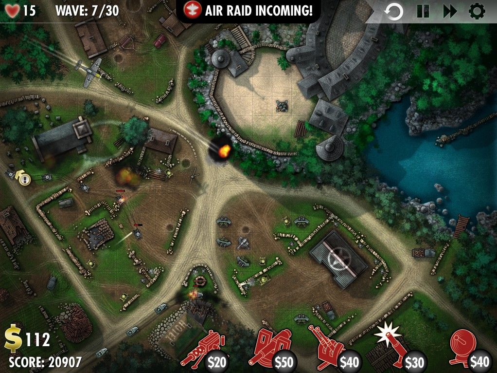 iBomber Defense (Windows) screenshot: Fighting in the farmlands
