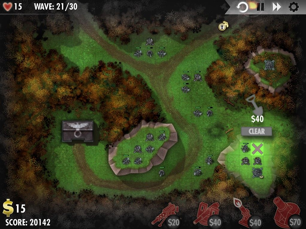 iBomber Defense (Windows) screenshot: It costs to remove destroyed turrets