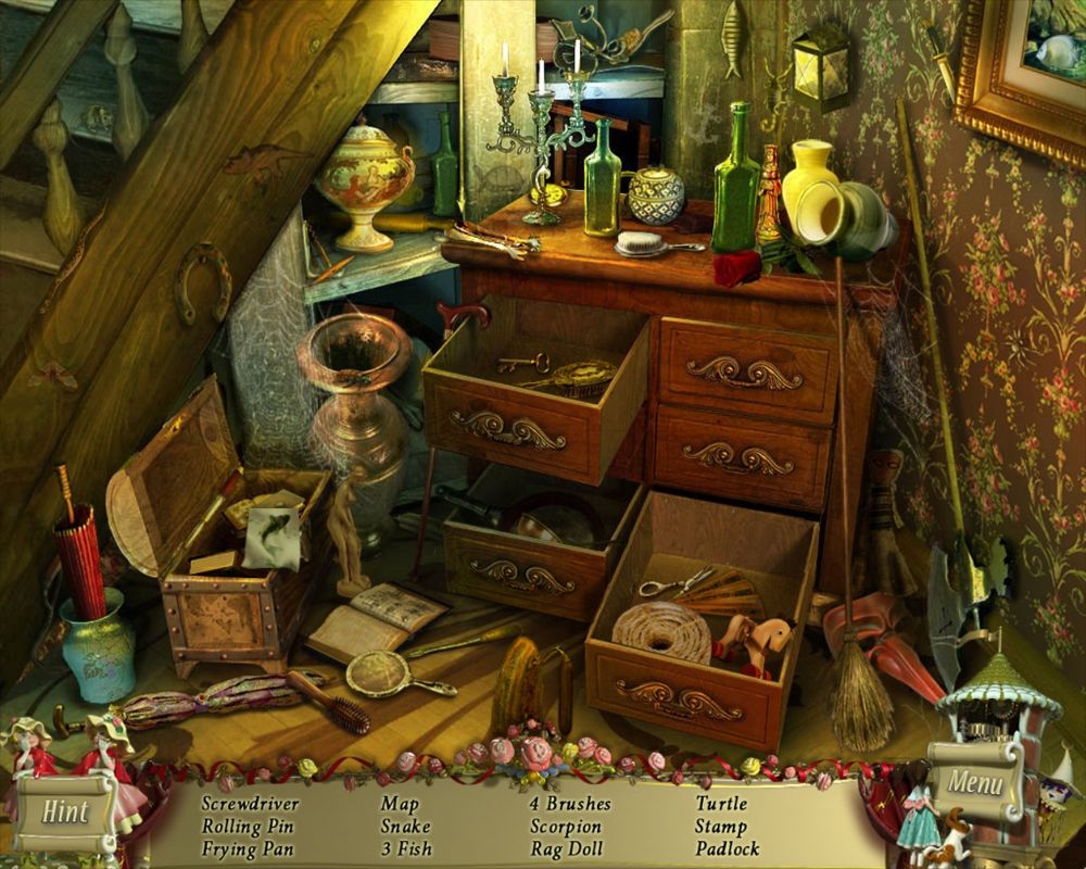PuppetShow: Mystery of Joyville (Macintosh) screenshot: Hotel Owner's Residence under stairs - objects