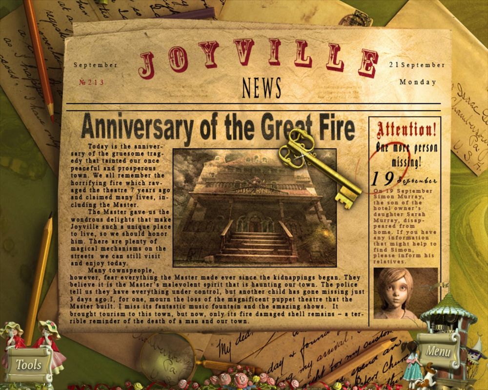 PuppetShow: Mystery of Joyville (Macintosh) screenshot: Newspaper and key