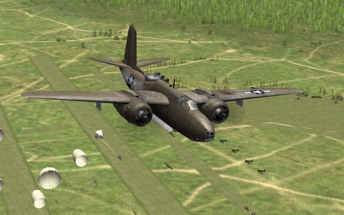 Pacific Fighters (Windows) screenshot: An American A-26 bomber attacks a Japanese airfield using parafrag bombs.